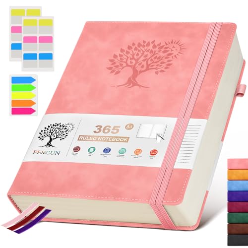 PERCUN A4 Lined Journal Notebook，365 Page Large Leather Journals for Writing Women Men，Hardcover Notebook with 100Gsm Thick Pages for Travel，Work，School，College Ruled, Daily Diary (8.5" x 11.4") - color: Pink, size: A4
