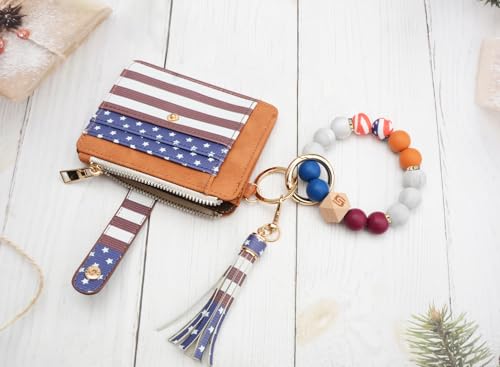 COOLANS Silicone Bracelet Wristlet Wallet Credit Card Holder RFID ID Window Key Ring Tassel Slim Wallet Women Keychain Purse - color: Brown Flag