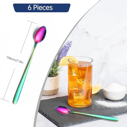 Long Handle Iced Tea Spoon,7.8-Inch Coffee Spoon,Ice Cream Spoon, Stainless Steel TeaSpoons,Cocktail Stirring Spoon,Set of 6(Rainbow), 19.8cm - color: C-Rainbow Set of 6