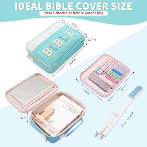 KOPKOFT Bible Cover Case for Women, Large Chenille Letter Leather Bible Case with Bible Study Accessories, Bible Study Supplies Bible Journaling Kit, Christmas Christian Gift for Women Girls - color: Light Blue