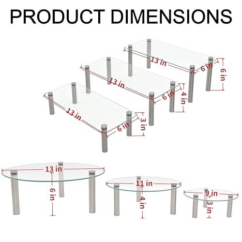 6 Piece Tempered Glass Display Stands Set, Clear Table Organizer Risers - size: Round + Rectangular