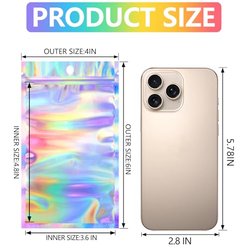 Funfery 100pcs Mylar Holographic Bags-Resealable Zipper&Clear Window - color: Holographic, size: 4 x 6 Inch