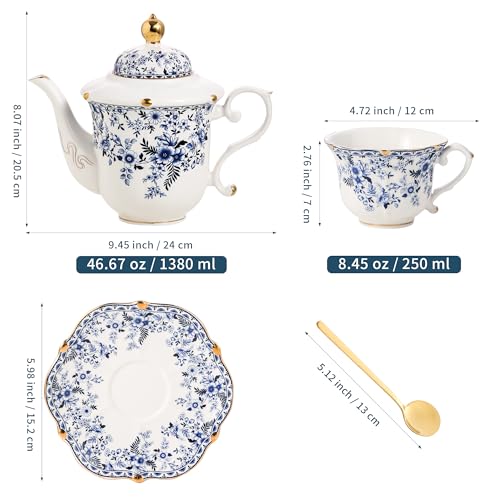 TATSUMI Country Roses Porcelain Tea Set, European Ceramic tea set for adults,Vintage Style, For Women and Tea Parties (BLUE, 13 Pieces Set) - color: Blue, size: 13 Pieces Set
