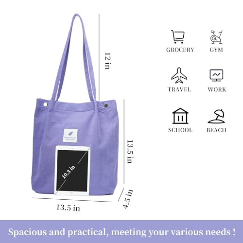 Corduroy Tote Bag Cute Tote Bags for Women Shoulder Bag with Inner Pocket for Work Beach Travel and Shopping Grocery - style: Purple