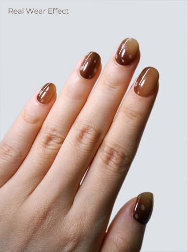 Real Gel Nail Strips (No UV Light Needed) - 44Pcs Salon Quality Nail Stickers - Long Lasting Polish Wraps for Women, Easy Apply & Remove (Mushroom Brown Splatter) - color: Mushroom Brown Splatter