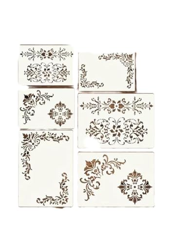 6Pcs White Wall Stencils for Painting, Vintage Floral Border Corner Stencil, Reusable Damask Paint Template for Wood Canvas Paper Fabric Floor DIY Art Craft