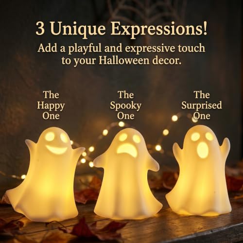 Ceramic Ghost Decor, Light Up Ghost Figurines for Halloween with Timer - color: Matte White