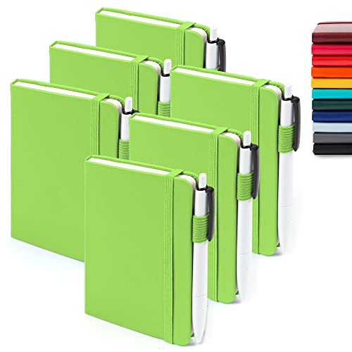 feela 6 Pack Pocket Small Notebooks Bulk, Mini Cute Memo Notepads Hardcover College Ruled Lined Journals with Pen Holder for Women Girls Office School, with 6 Black Pens, 3.5”x 5.5”, A6, Green - color: 6 Green