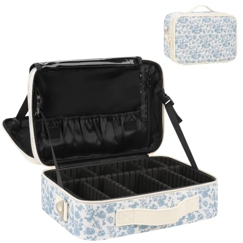 Relavel Large Makeup Bag, Cute Cosmetic Bags for Women and Girls Travel Makeup Organizer Bag Train Case 13.8 inches Makeup Brush Holder and Storage with Adjustable Dividers, Floral Print - color: Floral Print, size: Medium