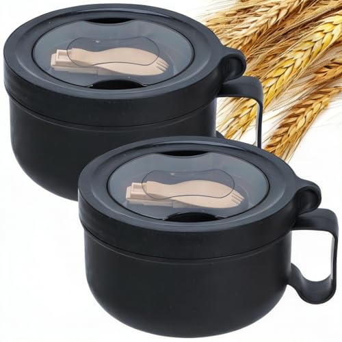2 Pack Soup Bowl with Handles, Microwave Ramen Bowl with Lid for Soup and Instant Noodles,Oatmeal, Gumbo, Salad,BPA Free(Black Black) - color: Black Black