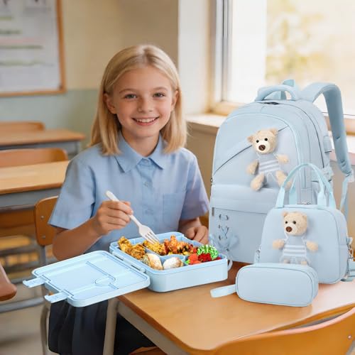 ACESAK 4PCS Backpack for Girls with Leakproof Bento Box (Blue) - color: Blue