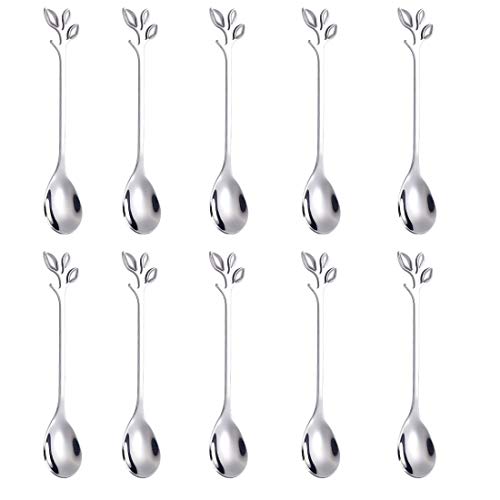 AnSaw Elegant Silver Leaf Coffee Spoons - 10-Piece, 4.7" Mini Spoon - color: Silver