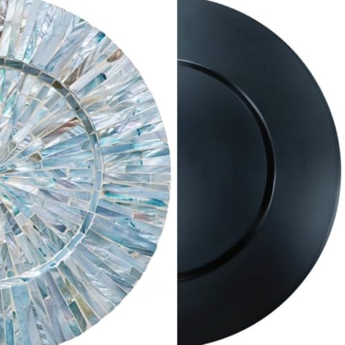 i-lan 13inch 2 Pack Mother of Pearl Decorative Plates for Display, Sea Shell Inlay Wood Charger Plates for Dining, Party, Modern and Coastal Decoration Placemats for Dinner Plates,Blue Ray - style: Style 5