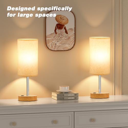 Fenmzee 17.4" Bedside Lamp for Bedroom - Dimmable Touch, USB A+C, AC Outlet - color: Cream Shade-Wood Base, size: 17.4"