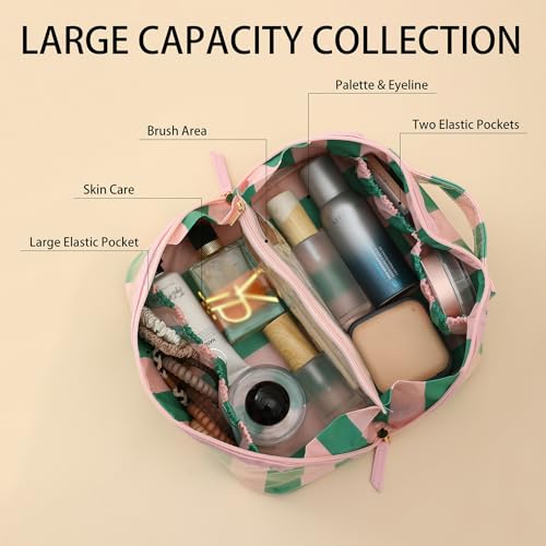 DYSHAYEN Travel Makeup Bag, Pink and Green Striped - color: Pink-Green