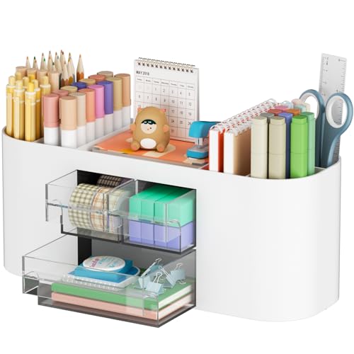 Marbrasse Desk Organizer Pen Holder for Desk with 3 Drawers, Multi-Functional Pencil Holder, Desk Organizers and Accessories with 7 Compartments for Home, School, Classroom(White) - color: White