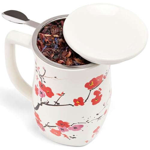 Tea Forte Ceramic Fiore Tea Cup with Infuser, Sakura, 14 oz - color: Sakura