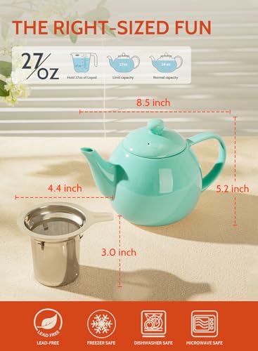 Sweese Teapots for Tea, 27 oz Porcelain Tea pot with Removable Stainless Steel Infuser, Tea Pots for Loose Tea - Mint Green - color: Mint Green, size: 27oz (with infuser)