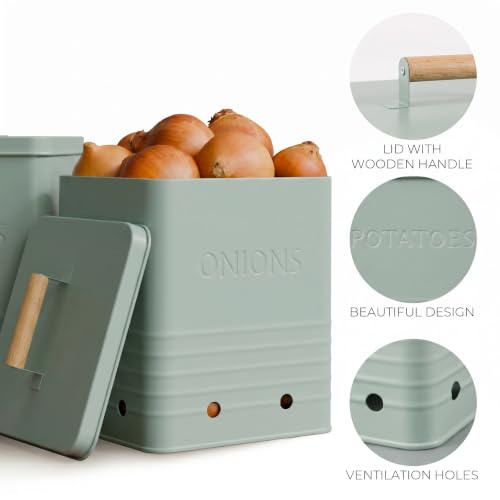 Beautiful Potato and Onion Storage Container Set - Food Safe Metal Bins - color: Sage