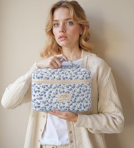 HBselect Quilted Makeup Bag, 3Pcs Cotton Large Travel Makeup Bags Organizer - color: A-3PCS-Floral 24