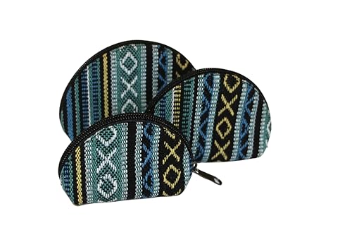 Set of 3 Handmade Boho Coin Purses – Cotton & Hemp Zip Pouches (Made in Kathmandu) | Small Travel Wallets for Coins, Keys & Cards | Ethnic Pattern Mini Bags (Blue) - color: Blue