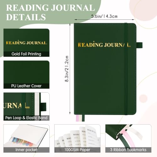 AKONEGE Reading Journal for Book Tracking - PU Leather Book Journal Reading Log with 80 Reviews for Readers, Accessories with Sticky Tabs, Pen Holder, Ribbon Bookmarks, 5.6" x 8.3", Earth Green - color: Earth Green