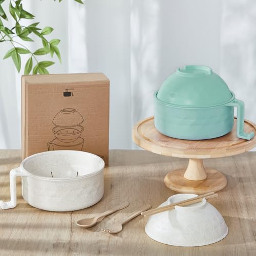 2 Sets 40 oz Microwave Ramen Bowl with Handles, Beige, Light Green - color: Beige, Light Green