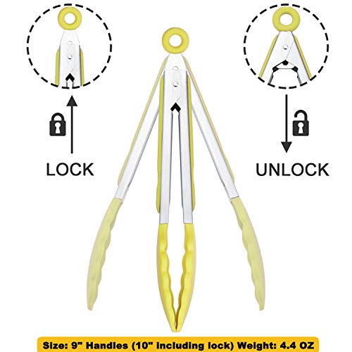 HINMAY Silicone Tipped Tongs 9" Kitchen Cooking Tongs, Set of 3 (Yellow) - color: Yellow