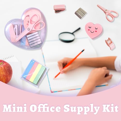 6 Pack Mini Office Supply Kits Mini School Supplies – Includes Mini Stapler,Scissors, Note Paper, Eraser, Tape Dispenser (Heart) - color: Heart