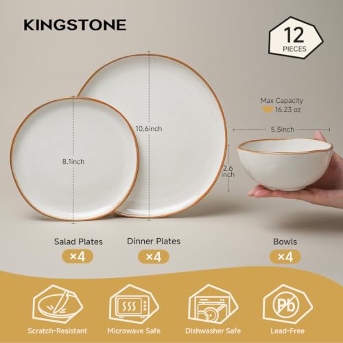 Stoneware Dinnerware Sets for 4, Reactive Glaze Plates and Bowls, White - color: White, size: Service for 4-12Pcs