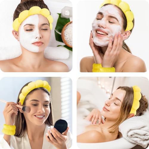 Spa Headbands for Washing Face Wristband Set Sponge Makeup Skincare Headband Wrist Towels Bubble Soft Terry Towel Cloth Hairband for Women Puffy Headwear Non Slip Thick Thin Hair Headwear (Yellow) - color: Yellow