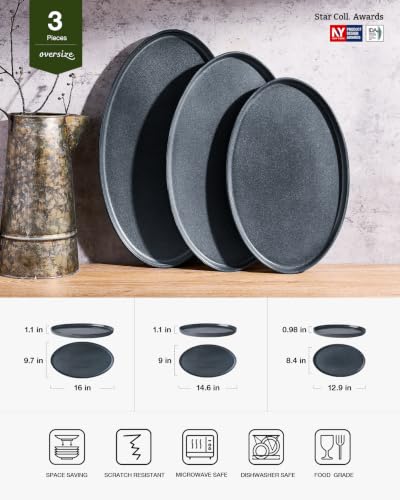 famiware Large Serving Platters Set of 3 Sizes - Oval, Matte Dark Charcoal - color: Matte Dark Charcoal