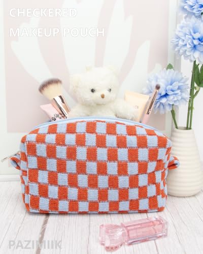 Checkered Makeup Bag for Purse, Small Travel Cosmetic Pouch,Orange Blue - color: Orange Blue