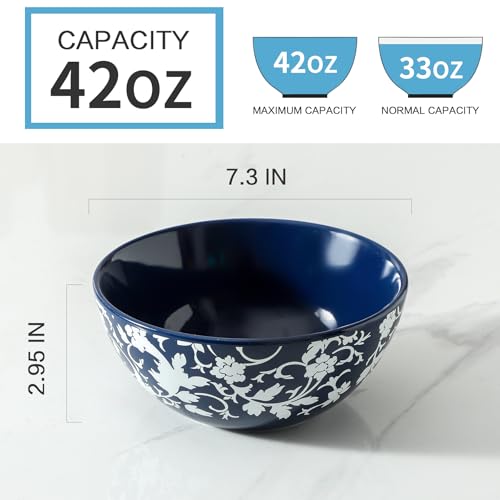 Large Soup Bowls Set of 2, Blue and White bowls Japanese Cereal Bowls 42 oz, Ceramic Serving Dishes for Rice, Salad, Snack, Pho, Pasta, Fruit, Microwave Dishwasher Safe, 7 inch - color: blue 1