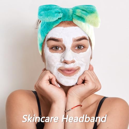 VELSCRUN Spa Headband, Makeup Face Wash Skincare Headbands, 5 Pcs Green Colorful Sponge Bow Tie Get Ready HairBand Facial Wristband Hair Clips Set, Stuff for Teen Girls Women Trendy Hair Accessories - color: Green Colorful