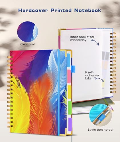 Hardcover Spiral Notebook journal with Removable Dividers Tabs, 300 Pages 5 Subject Notebook College Ruled, 100GMS Notebooks for Work School Note taking,Lined Journal for Women,Colorful Feather - color: Colorful Feather, size: 8"x10"