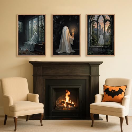 LHIUEM Large Halloween Cute Ghost Framed Canvas Wall Art Set,Vintage Spooky Wall Decor,Retro Dark Prints,Midnight Candle Poster Artwork for Living Room,Bathroom,Dining Room -24"x36"x3 - color: Halloween Cute Ghost Wall Art, size: 36"L x 24"W