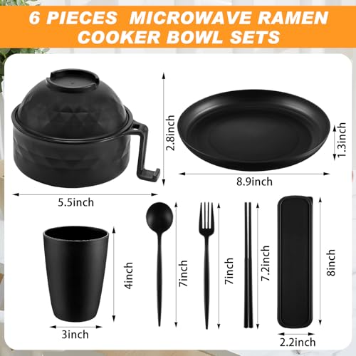 6 Pcs Microwave Ramen Cooker Set 40oz Bowl, Black - color: Black