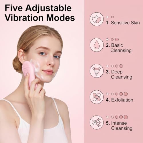 Silicone Facial Cleansing Brush，500mAh Rechargeable Face Scrubber，IPX7 Waterproof Electric Face Scrubber with 5 Adjustable Levels,for Deep Cleaning,Exfoliating & Massaging (Pink) - color: Pink