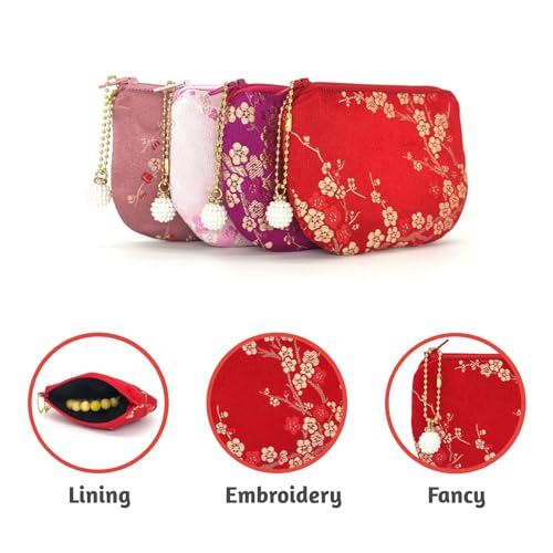 Handmade Women Coin Purse Brocade Rosary Bag Silk Jewelry Pouch Zipper Wallet - Red - color: Red