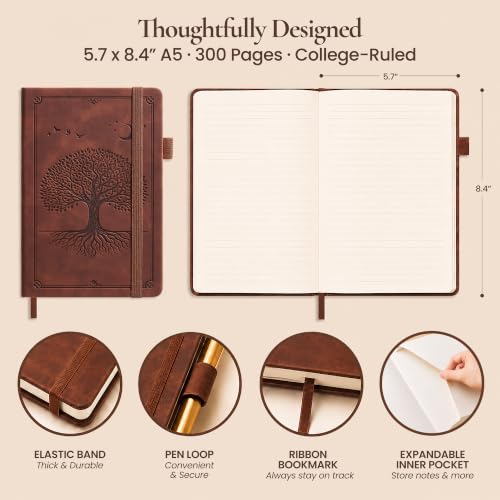 Lined Journal Notebook Hardcover Leather Bound 300 Pages A5 Brown Diary - color: Brown, size: A5 300 Pages
