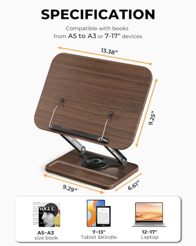 Adjustable Book Stand for Reading, Book Holder with 360° Rotation Base, Height Adjustable Book Reading Stand with Extendable Page Clips — Wooden Stand Holder for Cookbook, Receipe Book, Thick Book