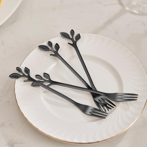 AnSaw 10-Piece Black Leaf Dessert Forks Set - 4.7" Mini Cocktail Forks - color: Black