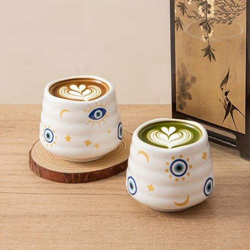 Ceramic Tea Cup Set, 5OZ Espresso Cups, Evil Eye, Set of 4 - color: Evil Eye