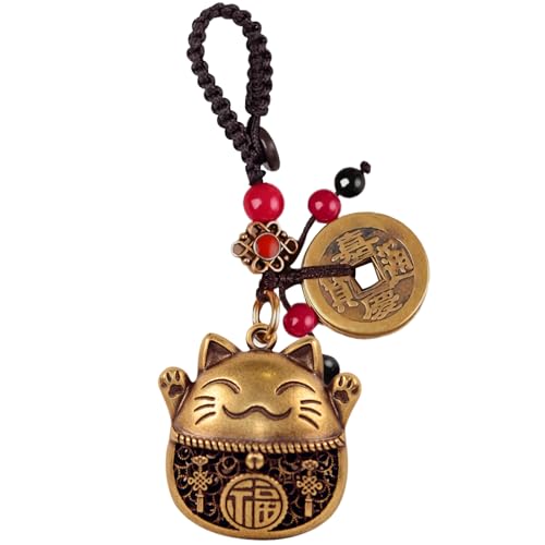 Lucky Cat Charms,Maneki Neko Brass Cat Keychain With Feng Shui Coins,Buddha Statue Kitty Good Luck Charms - color: Lucky Cat