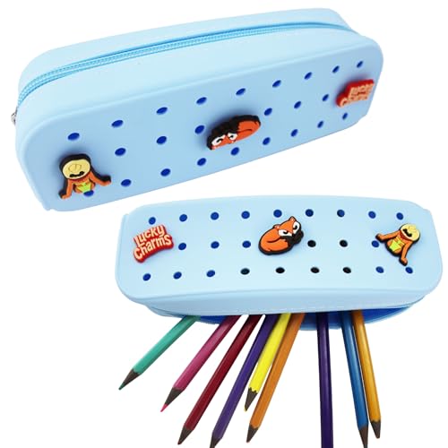 1 Pack Cute Silicone Pencil Case Pencil Pouch with DIY Holes and 3 Decoratives(Random) Travel Makeup Brush Bag suitable for travel home7.81inch (Pale Blue) - color: Pale Blue