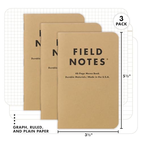 Field Notes: Original Kraft 3-Pack - Mixed Paper (1 Graph/Grid, 1 Ruled/Lined, 1 Plain/Blank) Memo Books - 48 Page Pocket Notebooks - 3.5" x 5.5" - color: Mixed Paper
