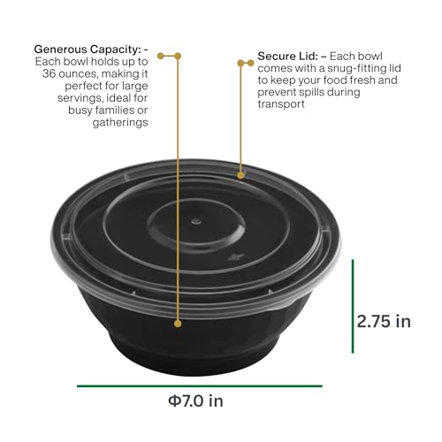 36 oz Disposable Noodle Bowls with Lids – 40 Sets White Soup & Ramen Containers, Leak-Resistant, Microwave & Freezer Safe Food Storage for Restaurants & Takeout, Black - color: Black, size: 36oz