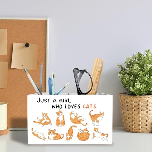 Cute Orange Cat Pen Holder for Desk, Cat Lover Mom Lady Owner Gifts Pencil Organizer, Just a Girl Who Loves Cats Wooden Box Sign Desk Decor for Girls Room Home Office Decoration - color: CUTE ORANGE CAT