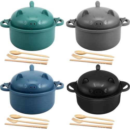 4 Sets 45oz Cute Pig Ramen Bowl Set Microwavable Cooker, Dark Colors - color: Dark Colors